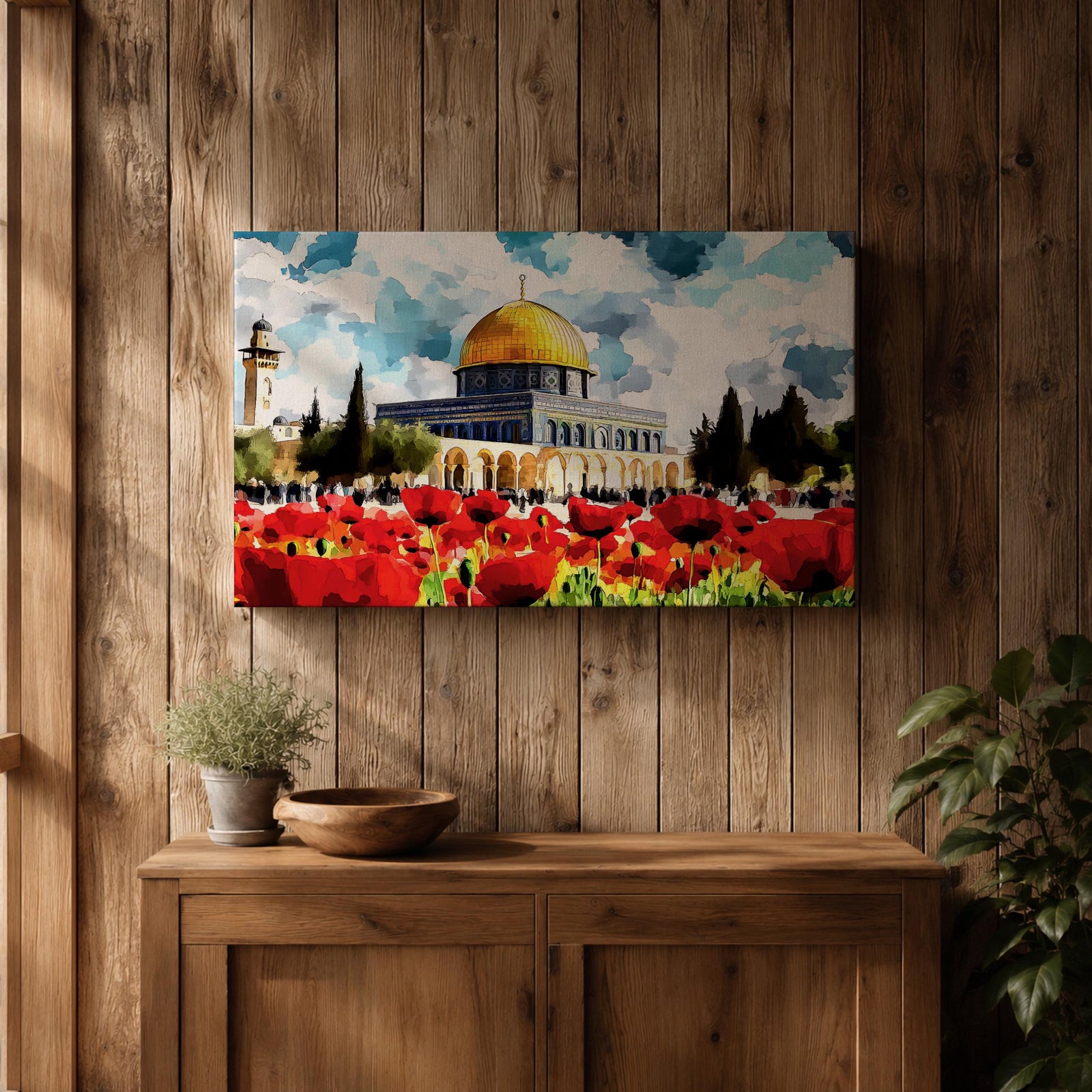 Dome of the Rock Wall Art Haram Al-Sharif Framed Canvas Poppy Field Islamic Decor