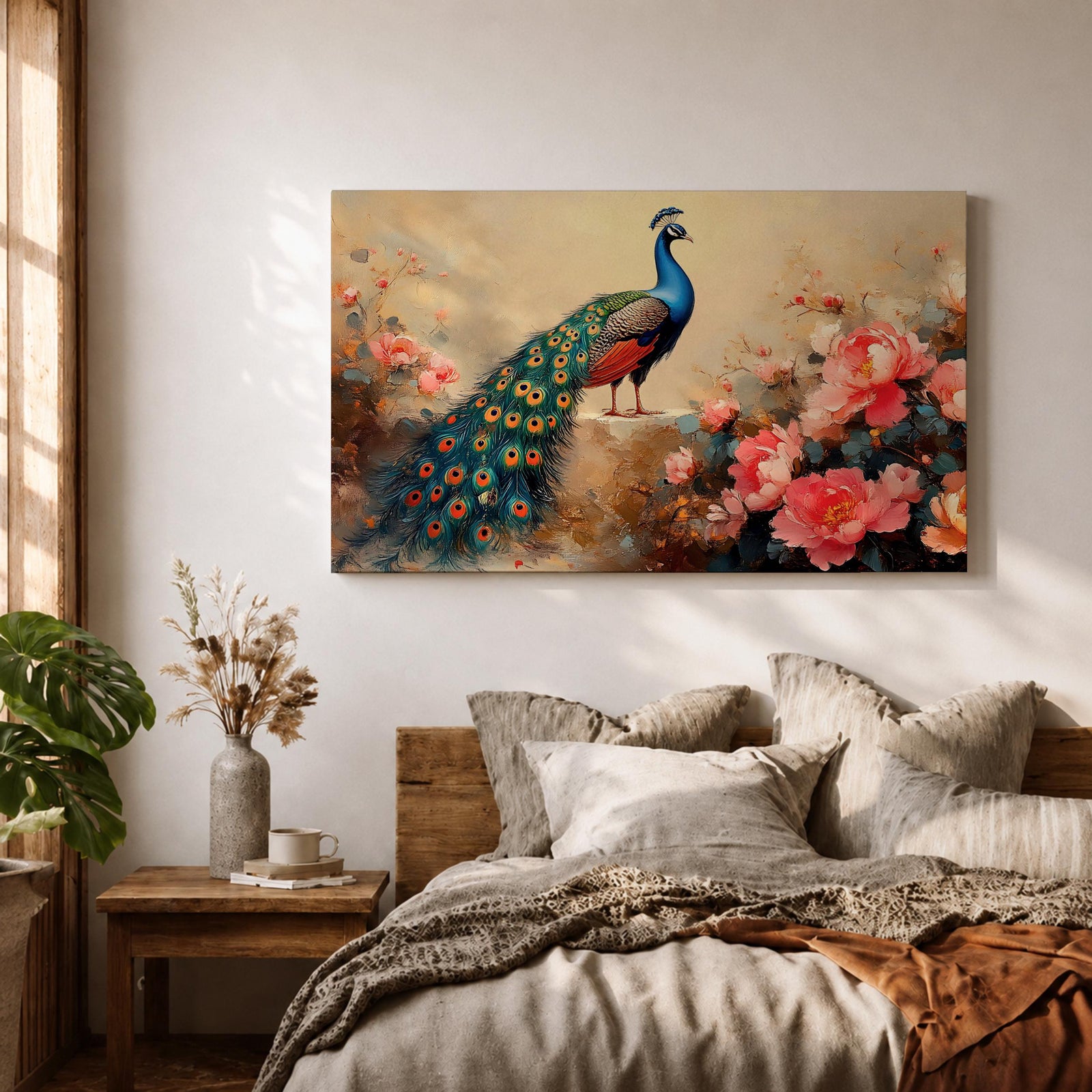 Peacock Wall Art Royal Feathers Framed Canvas Indian Peafowl Botanical Floral Exotic Garden Decor
