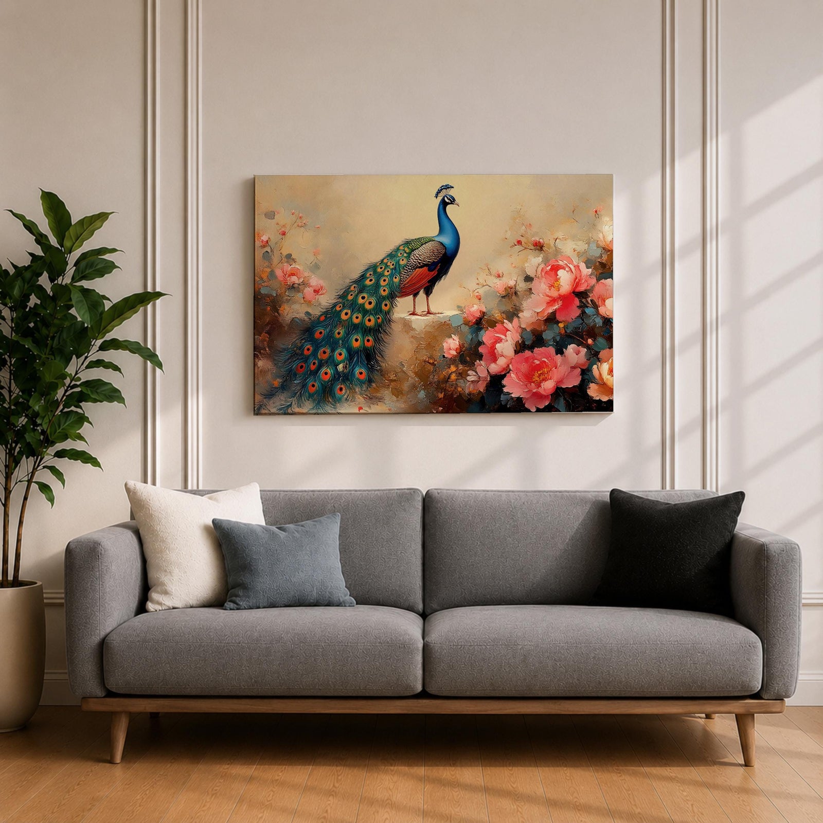 Peacock Wall Art Royal Feathers Framed Canvas Indian Peafowl Botanical Floral Exotic Garden Decor