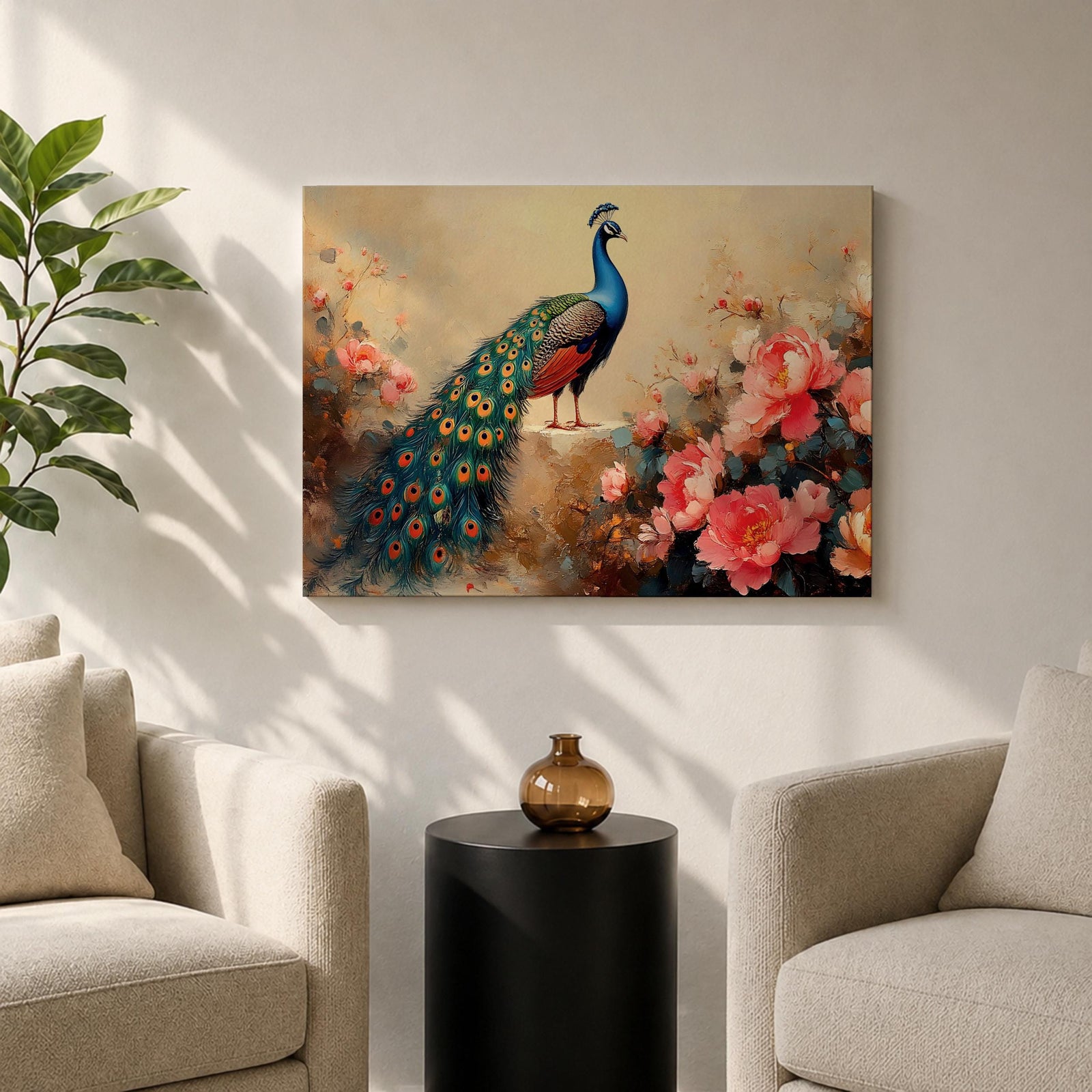 Peacock Wall Art Royal Feathers Framed Canvas Indian Peafowl Botanical Floral Exotic Garden Decor