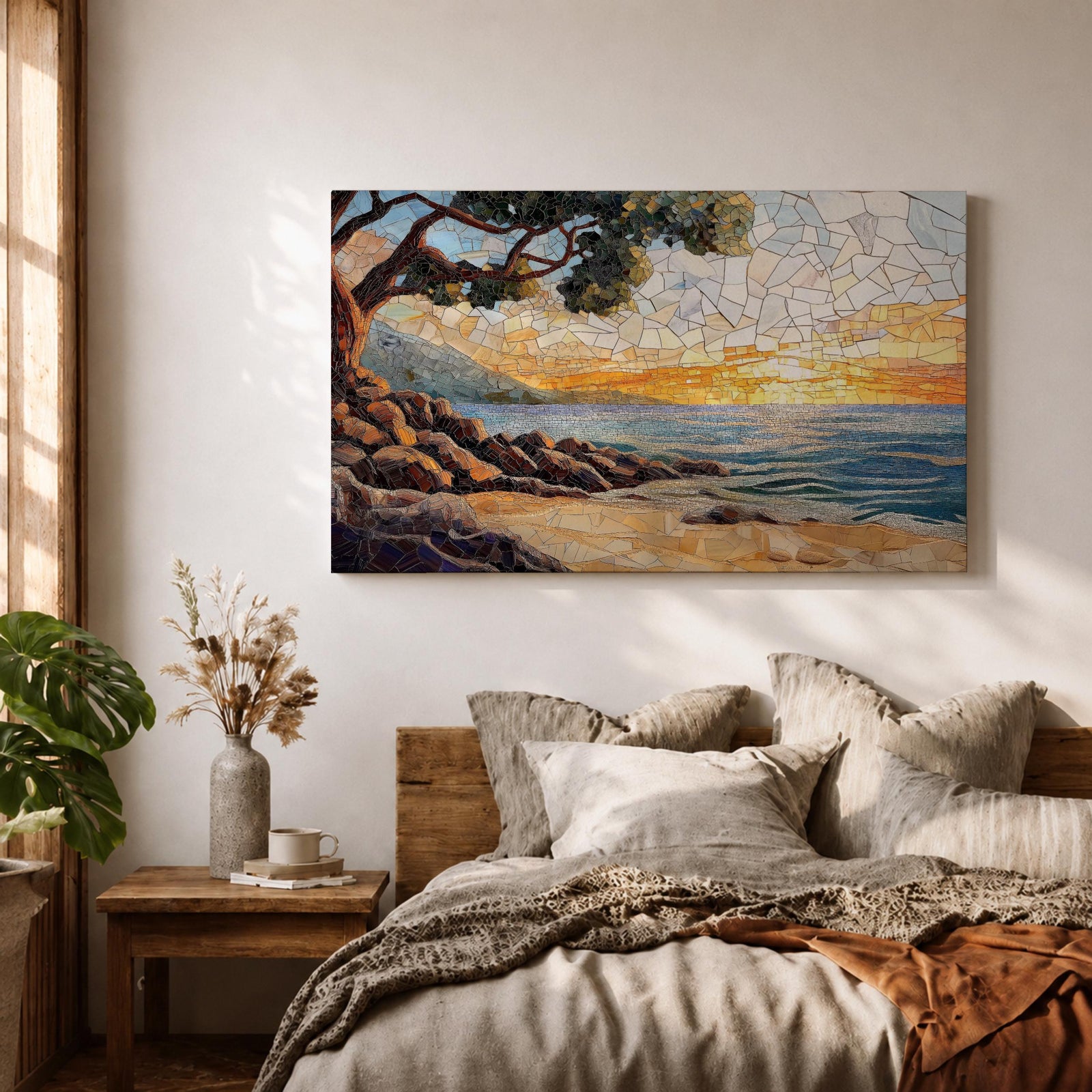 Sunset Beach Wall Art Coastal Landscape Framed Canvas Mosaic Seascape Coastal Home Decor