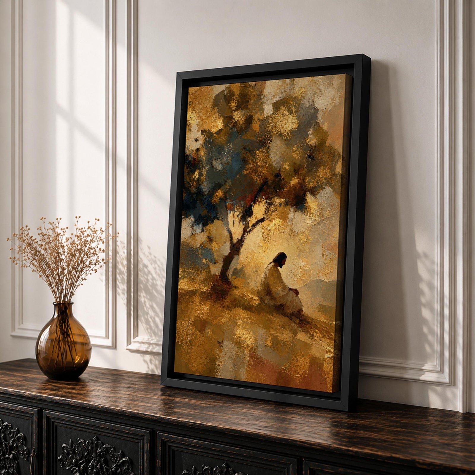 An impasto style painting depicting Jesus praying seated beneath a tree on a hill. The textured brushstrokes create a warm, abstract background with golden and earthy tones, emphasizing the contemplative figure in white robes, capturing a moment of quiet meditation and reflection.