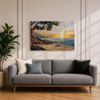 Sunset Beach Wall Art Coastal Landscape Framed Canvas Mosaic Seascape Coastal Home Decor
