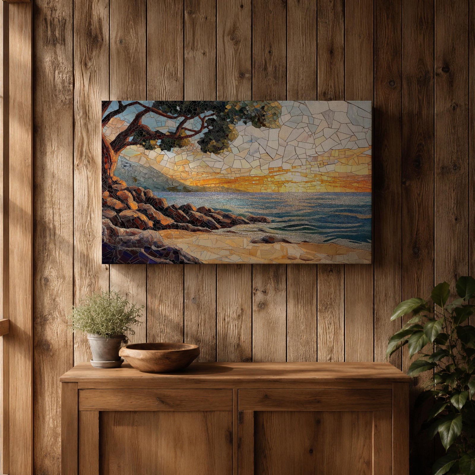 Sunset Beach Wall Art Coastal Landscape Framed Canvas Mosaic Seascape Coastal Home Decor