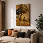 An impasto style painting depicting Jesus praying seated beneath a tree on a hill. The textured brushstrokes create a warm, abstract background with golden and earthy tones, emphasizing the contemplative figure in white robes, capturing a moment of quiet meditation and reflection.