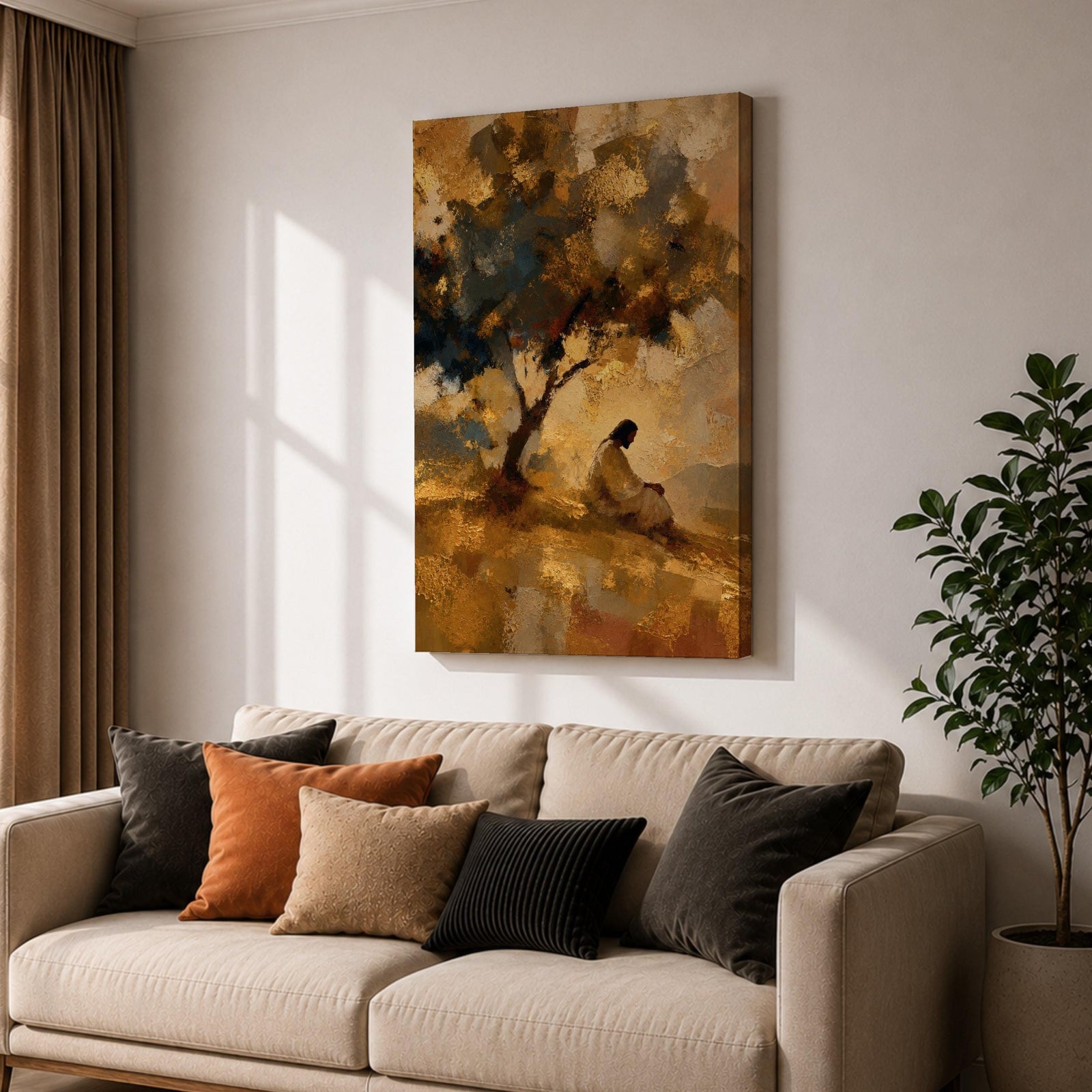 An impasto style painting depicting Jesus praying seated beneath a tree on a hill. The textured brushstrokes create a warm, abstract background with golden and earthy tones, emphasizing the contemplative figure in white robes, capturing a moment of quiet meditation and reflection.
