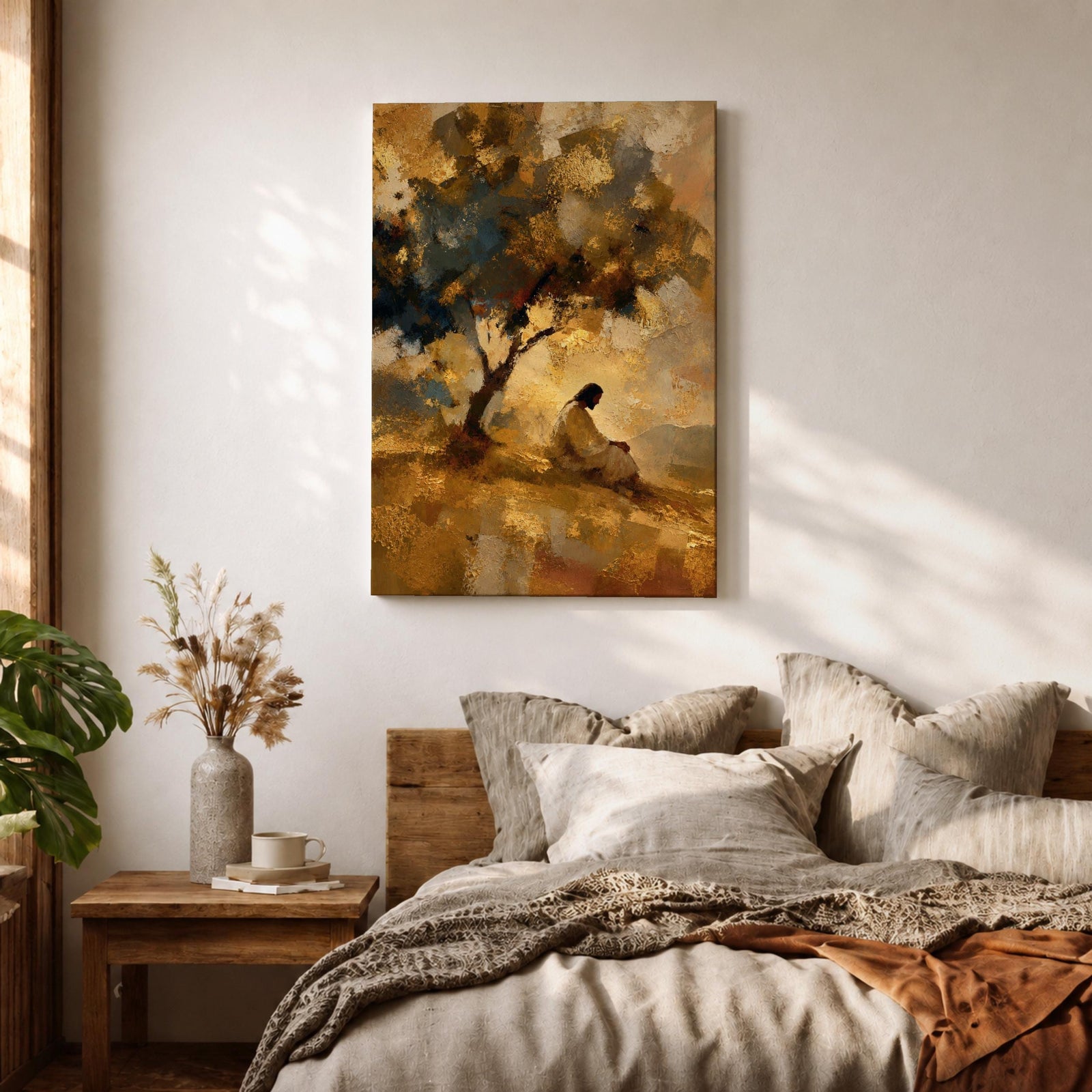 An impasto style painting depicting Jesus praying seated beneath a tree on a hill. The textured brushstrokes create a warm, abstract background with golden and earthy tones, emphasizing the contemplative figure in white robes, capturing a moment of quiet meditation and reflection.