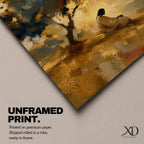 An impasto style painting depicting Jesus praying seated beneath a tree on a hill. The textured brushstrokes create a warm, abstract background with golden and earthy tones, emphasizing the contemplative figure in white robes, capturing a moment of quiet meditation and reflection.