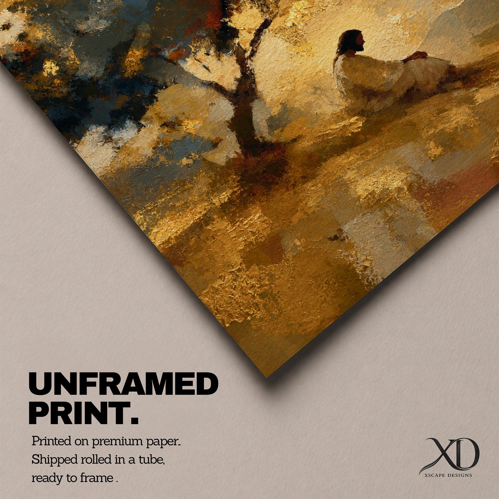 An impasto style painting depicting Jesus praying seated beneath a tree on a hill. The textured brushstrokes create a warm, abstract background with golden and earthy tones, emphasizing the contemplative figure in white robes, capturing a moment of quiet meditation and reflection.