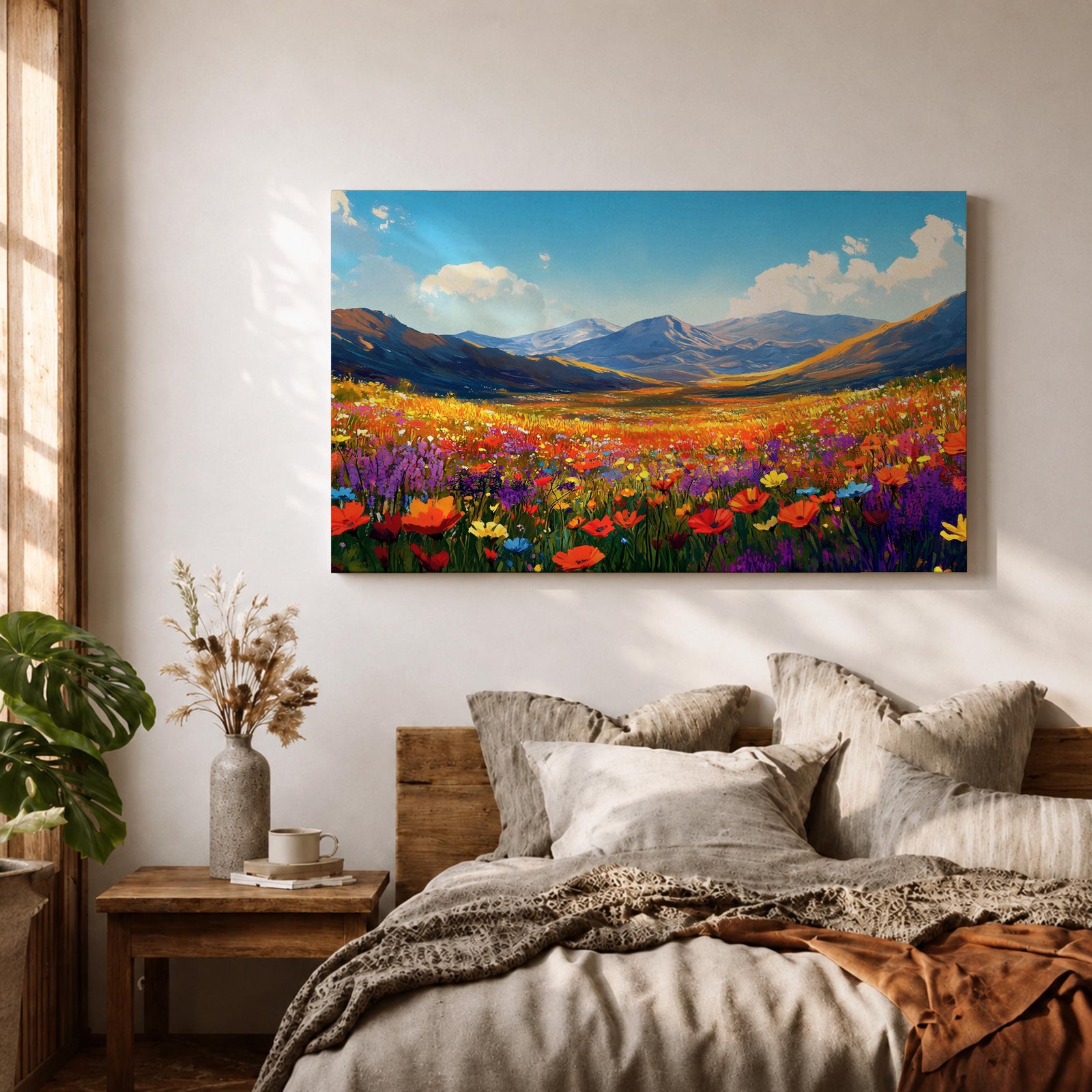 Mountain Wildflower Wall Art Alpine Meadow Framed Canvas Landscape Impasto Rustic Home Decor