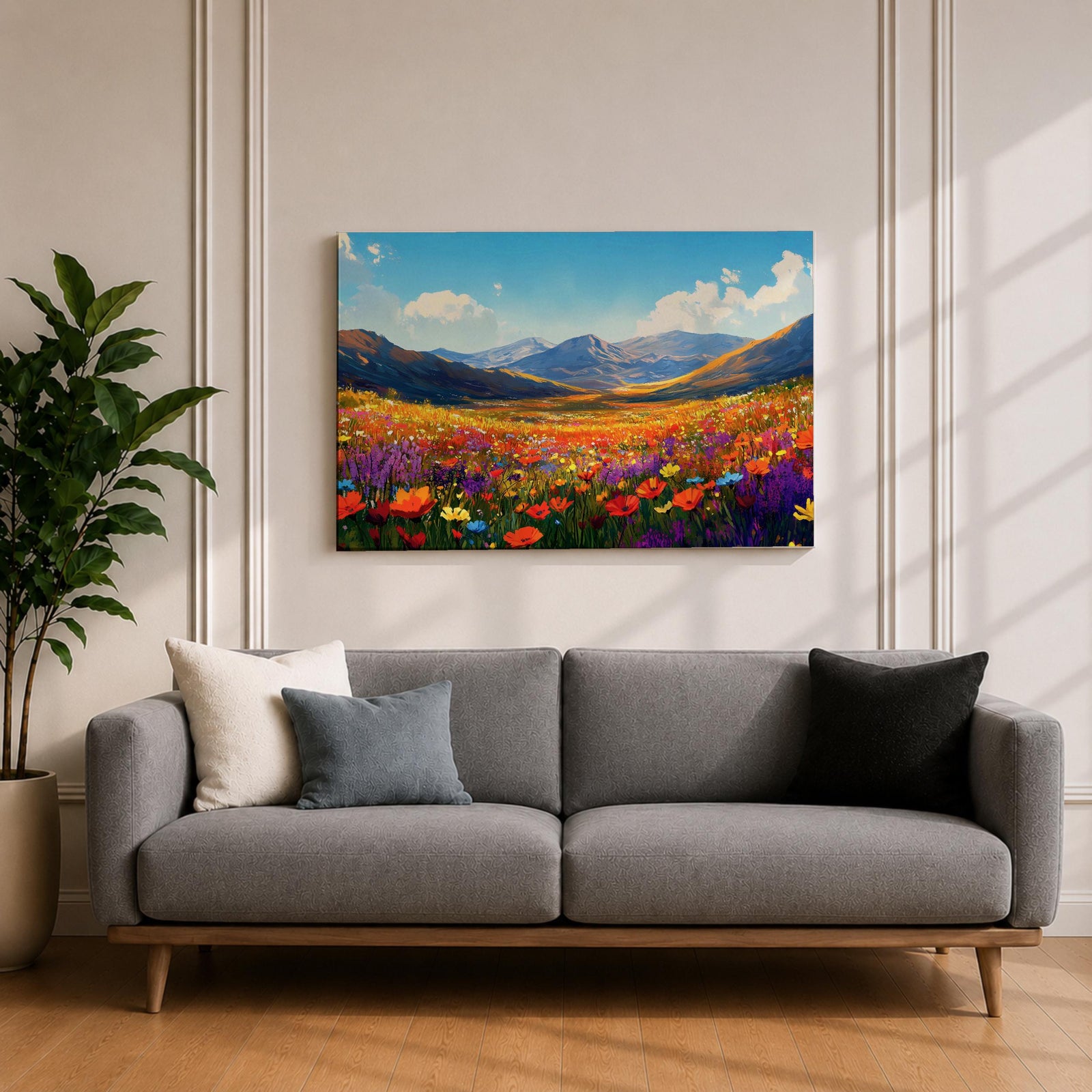 Mountain Wildflower Wall Art Alpine Meadow Framed Canvas Landscape Impasto Rustic Home Decor