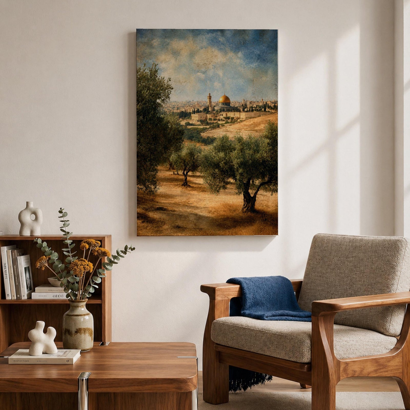 A vintage-style canvas print depicting the Dome of the Rock, also known as Qubbat al-Sakhrah, an iconic Islamic landmark in Jerusalem. The artwork shows the golden dome surrounded by olive trees and historic architecture under a partly cloudy sky, rendered with textured, aged effects for a classic look.