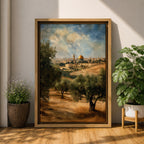 A vintage-style canvas print depicting the Dome of the Rock, also known as Qubbat al-Sakhrah, an iconic Islamic landmark in Jerusalem. The artwork shows the golden dome surrounded by olive trees and historic architecture under a partly cloudy sky, rendered with textured, aged effects for a classic look.
