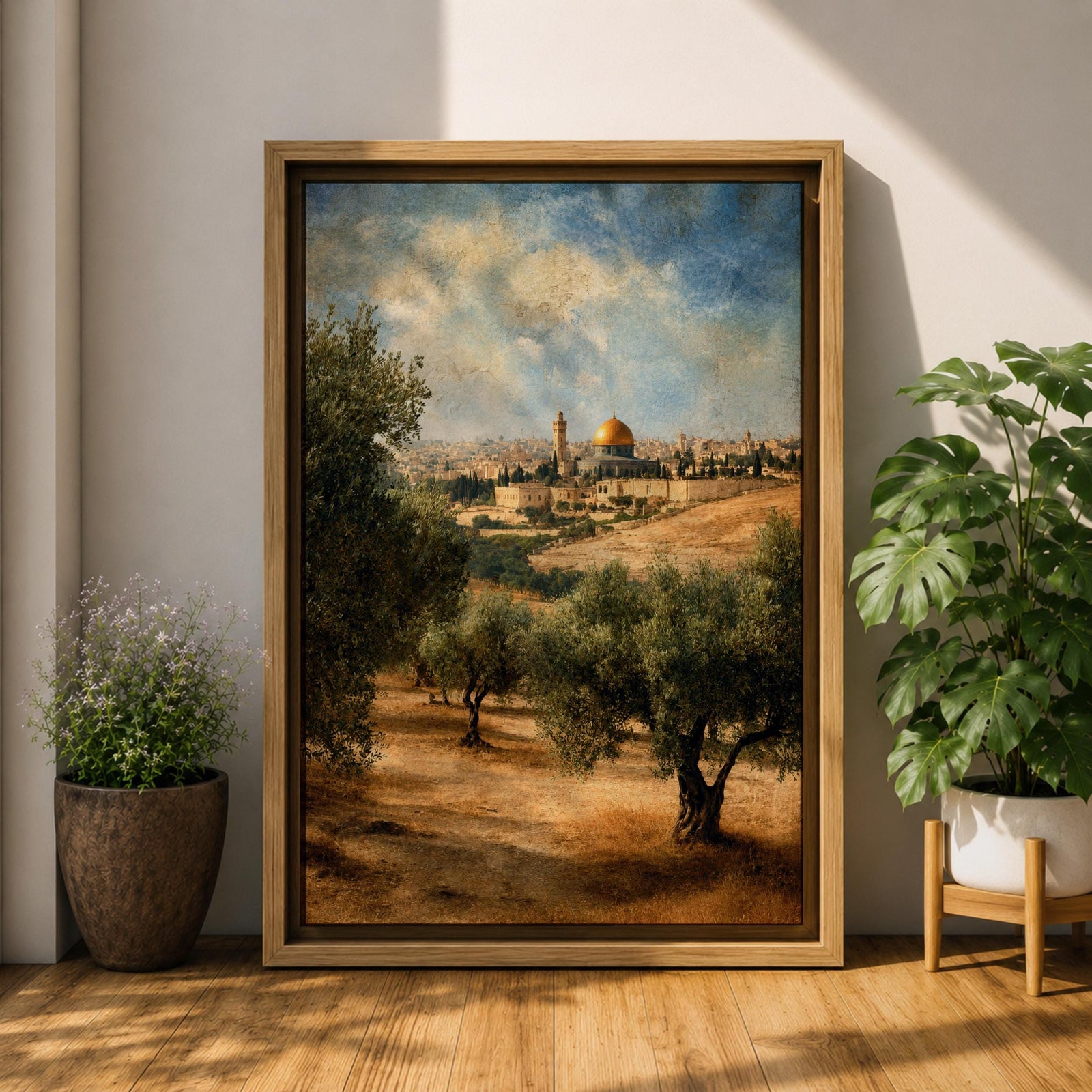 A vintage-style canvas print depicting the Dome of the Rock, also known as Qubbat al-Sakhrah, an iconic Islamic landmark in Jerusalem. The artwork shows the golden dome surrounded by olive trees and historic architecture under a partly cloudy sky, rendered with textured, aged effects for a classic look.