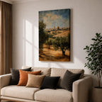 A vintage-style canvas print depicting the Dome of the Rock, also known as Qubbat al-Sakhrah, an iconic Islamic landmark in Jerusalem. The artwork shows the golden dome surrounded by olive trees and historic architecture under a partly cloudy sky, rendered with textured, aged effects for a classic look.