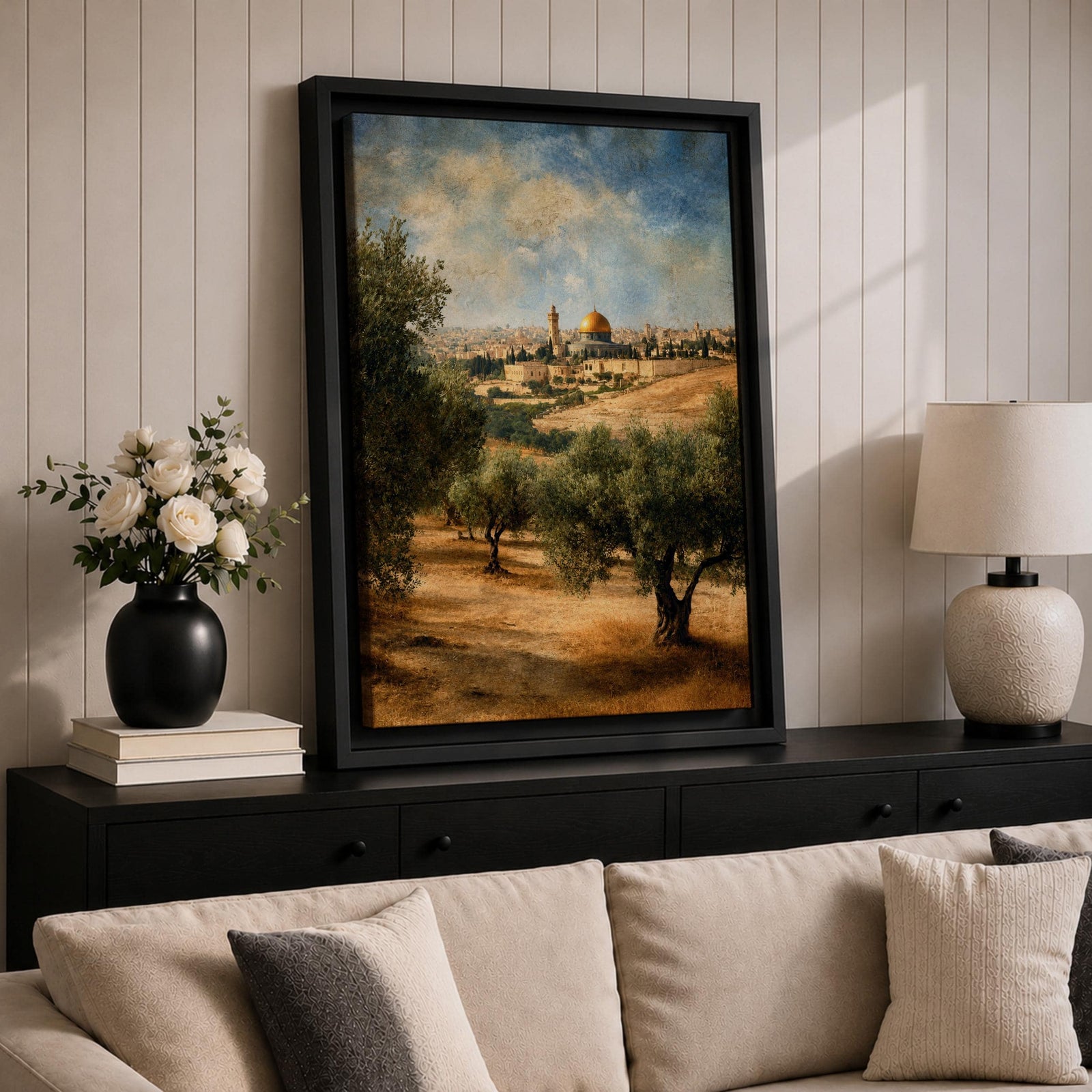 A vintage-style canvas print depicting the Dome of the Rock, also known as Qubbat al-Sakhrah, an iconic Islamic landmark in Jerusalem. The artwork shows the golden dome surrounded by olive trees and historic architecture under a partly cloudy sky, rendered with textured, aged effects for a classic look.