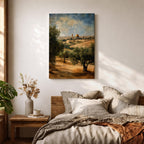 A vintage-style canvas print depicting the Dome of the Rock, also known as Qubbat al-Sakhrah, an iconic Islamic landmark in Jerusalem. The artwork shows the golden dome surrounded by olive trees and historic architecture under a partly cloudy sky, rendered with textured, aged effects for a classic look.