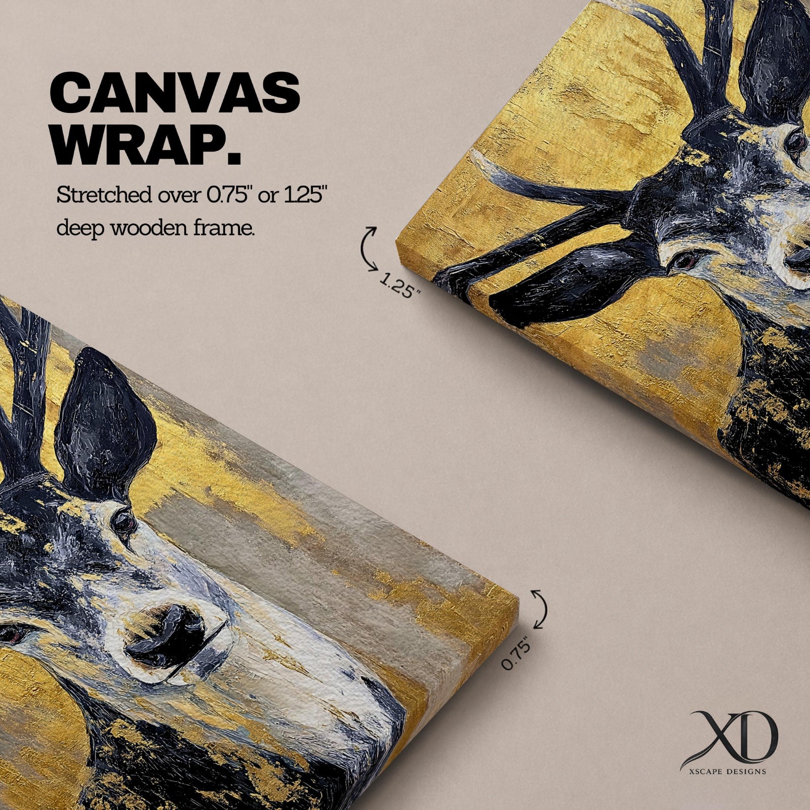 A textured impasto painting of a deer with prominent antlers and expressive eyes set against a gold and gray background. The artwork features thick brushstrokes and a bold contrast between dark and light areas, emphasizing the animal’s face and upper body in a striking, modern style.