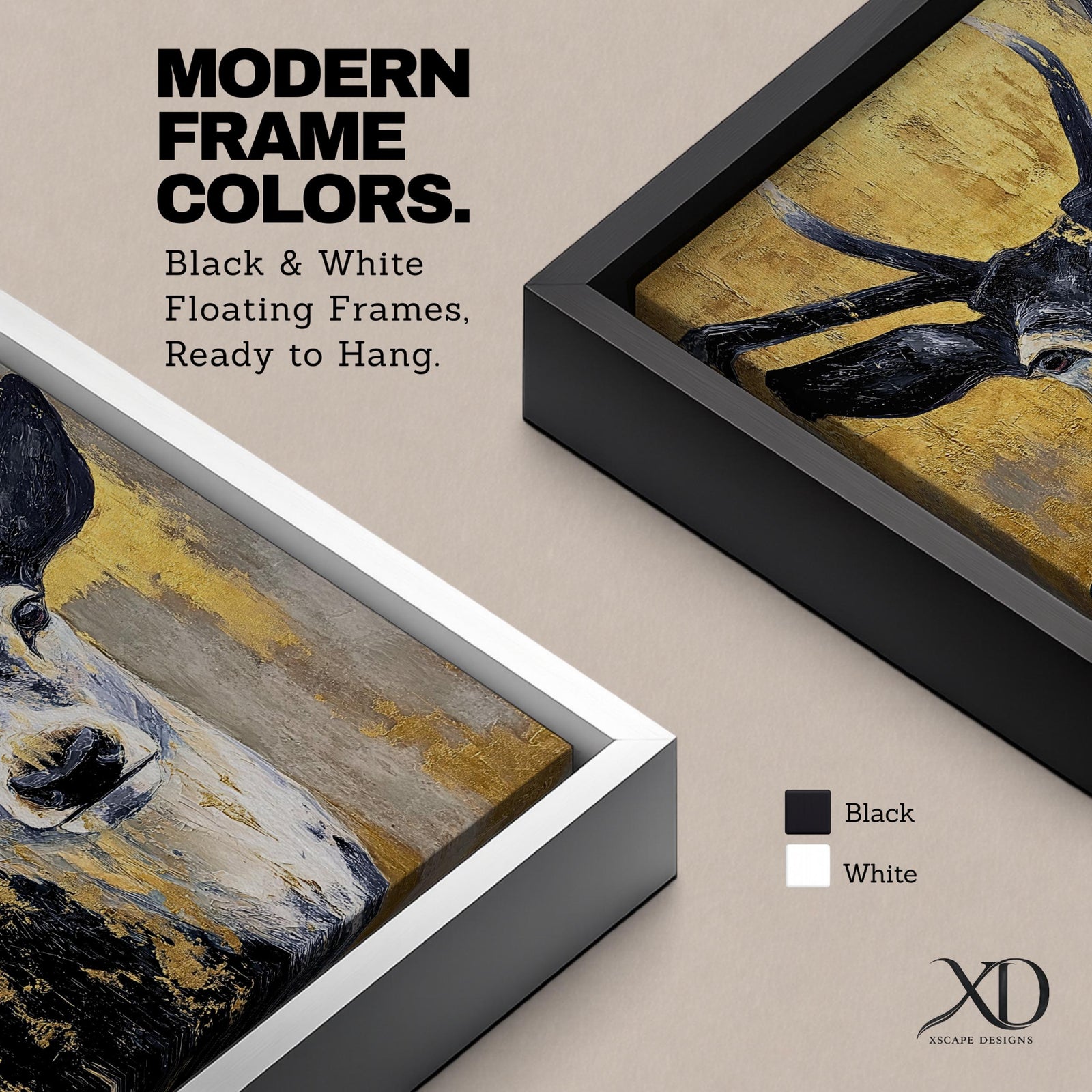 A textured impasto painting of a deer with prominent antlers and expressive eyes set against a gold and gray background. The artwork features thick brushstrokes and a bold contrast between dark and light areas, emphasizing the animal’s face and upper body in a striking, modern style.