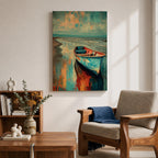 Transform your space with this Boat Wall Art, featuring a weathered blue fishing boat resting along a tranquil shoreline with vibrant coastal reflections. Rich abstract textures and calming ocean hues create a timeless canvas print for beach houses, lake homes, and coastal-inspired interiors.
