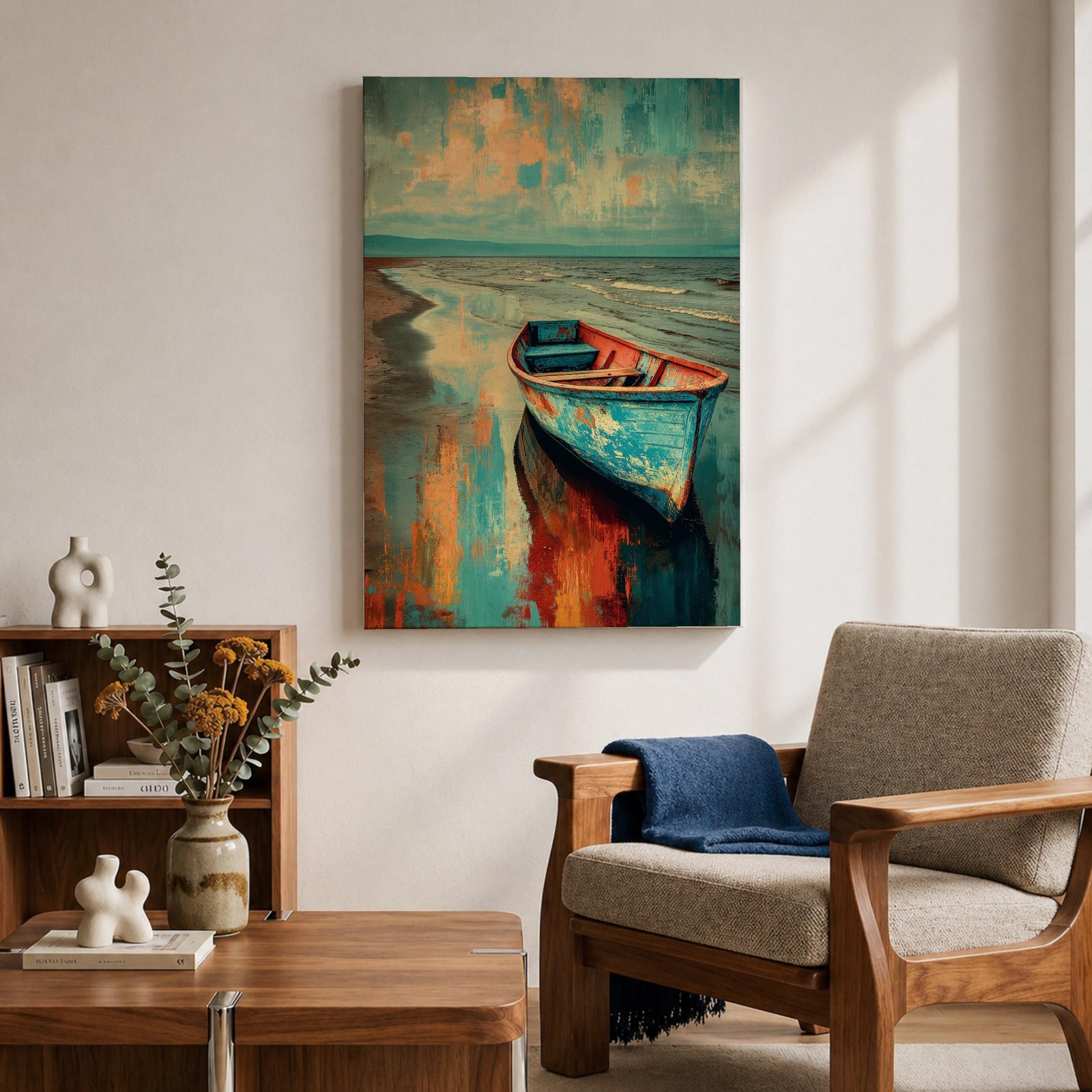 Transform your space with this Boat Wall Art, featuring a weathered blue fishing boat resting along a tranquil shoreline with vibrant coastal reflections. Rich abstract textures and calming ocean hues create a timeless canvas print for beach houses, lake homes, and coastal-inspired interiors.