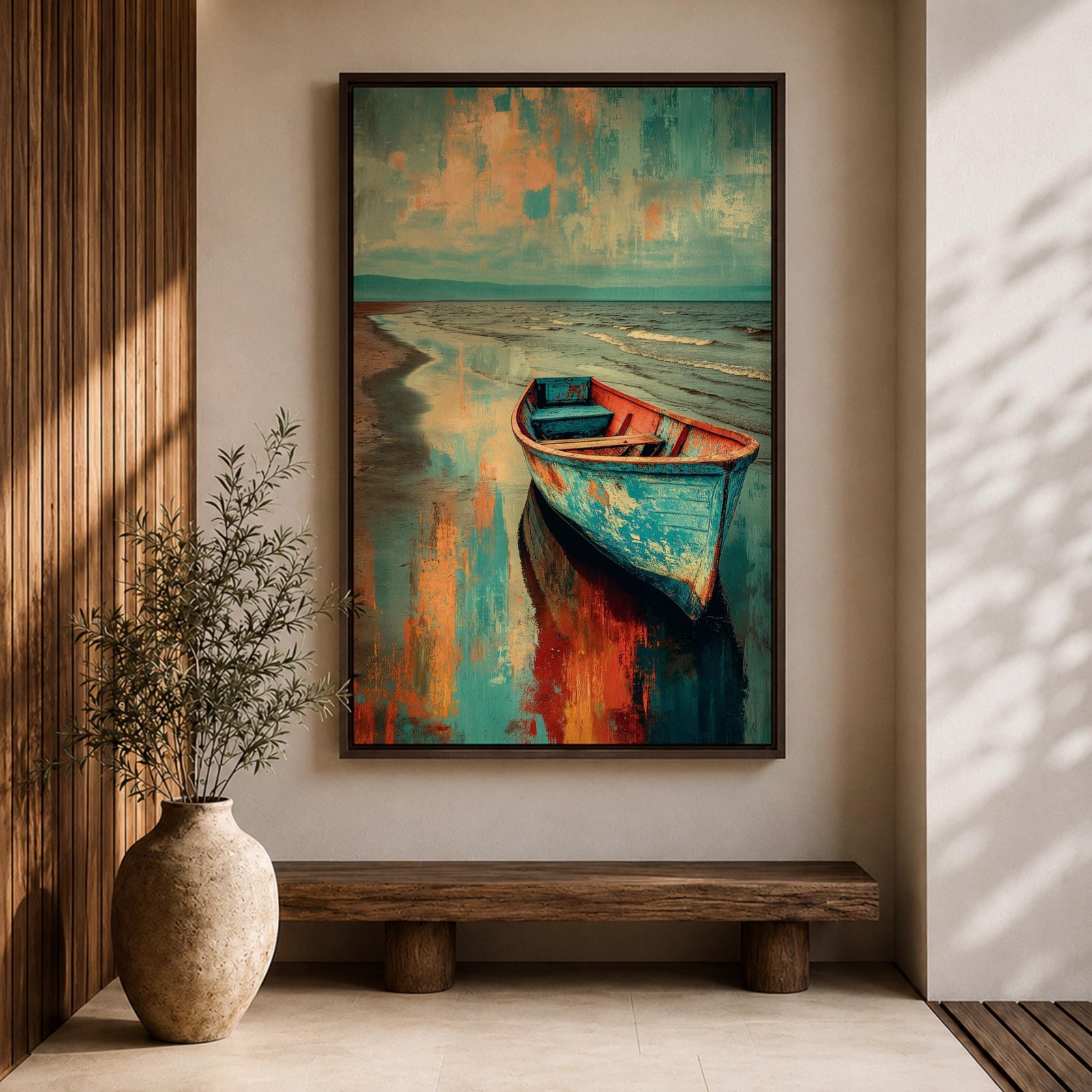 Transform your space with this Boat Wall Art, featuring a weathered blue fishing boat resting along a tranquil shoreline with vibrant coastal reflections. Rich abstract textures and calming ocean hues create a timeless canvas print for beach houses, lake homes, and coastal-inspired interiors.