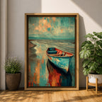 Transform your space with this Boat Wall Art, featuring a weathered blue fishing boat resting along a tranquil shoreline with vibrant coastal reflections. Rich abstract textures and calming ocean hues create a timeless canvas print for beach houses, lake homes, and coastal-inspired interiors.