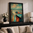 Transform your space with this Boat Wall Art, featuring a weathered blue fishing boat resting along a tranquil shoreline with vibrant coastal reflections. Rich abstract textures and calming ocean hues create a timeless canvas print for beach houses, lake homes, and coastal-inspired interiors.