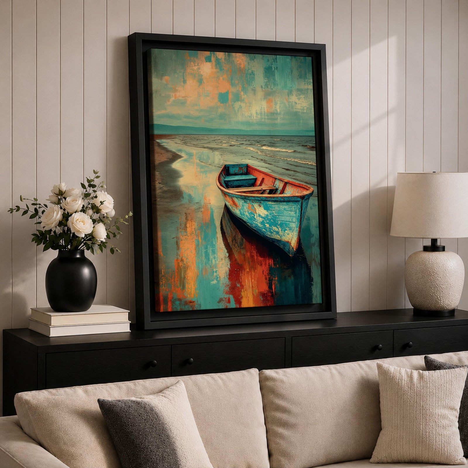 Transform your space with this Boat Wall Art, featuring a weathered blue fishing boat resting along a tranquil shoreline with vibrant coastal reflections. Rich abstract textures and calming ocean hues create a timeless canvas print for beach houses, lake homes, and coastal-inspired interiors.