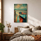 Transform your space with this Boat Wall Art, featuring a weathered blue fishing boat resting along a tranquil shoreline with vibrant coastal reflections. Rich abstract textures and calming ocean hues create a timeless canvas print for beach houses, lake homes, and coastal-inspired interiors.