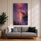 This impasto style painting features a flamingo standing gracefully by the water’s edge surrounded by lush tropical flowers. The vibrant brushstrokes create a textured, colorful scene capturing the bird’s elegant posture and the reflective water surface in a vivid animal-themed composition.