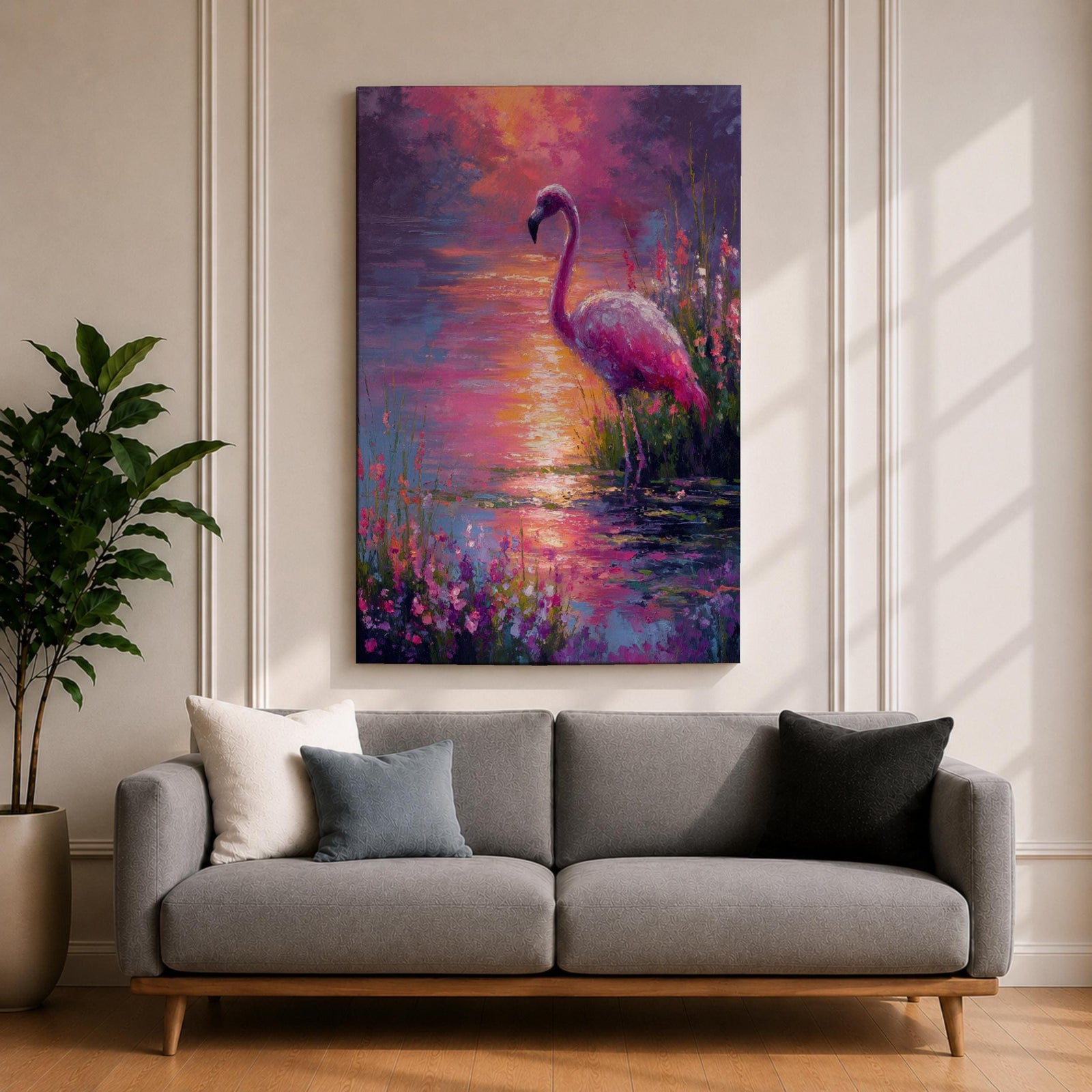 This impasto style painting features a flamingo standing gracefully by the water’s edge surrounded by lush tropical flowers. The vibrant brushstrokes create a textured, colorful scene capturing the bird’s elegant posture and the reflective water surface in a vivid animal-themed composition.
