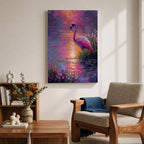 This impasto style painting features a flamingo standing gracefully by the water’s edge surrounded by lush tropical flowers. The vibrant brushstrokes create a textured, colorful scene capturing the bird’s elegant posture and the reflective water surface in a vivid animal-themed composition.