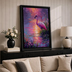 This impasto style painting features a flamingo standing gracefully by the water’s edge surrounded by lush tropical flowers. The vibrant brushstrokes create a textured, colorful scene capturing the bird’s elegant posture and the reflective water surface in a vivid animal-themed composition.