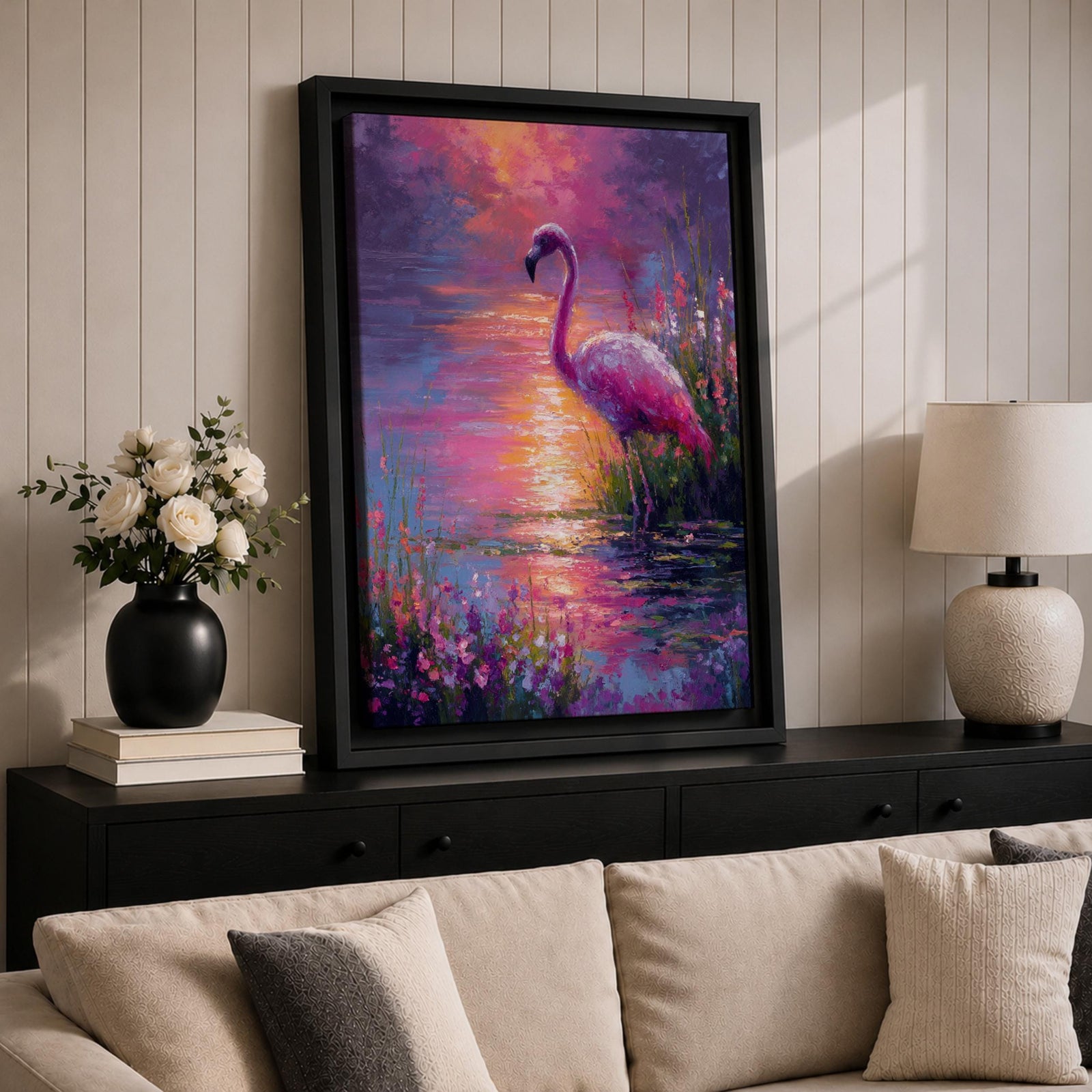 This impasto style painting features a flamingo standing gracefully by the water’s edge surrounded by lush tropical flowers. The vibrant brushstrokes create a textured, colorful scene capturing the bird’s elegant posture and the reflective water surface in a vivid animal-themed composition.
