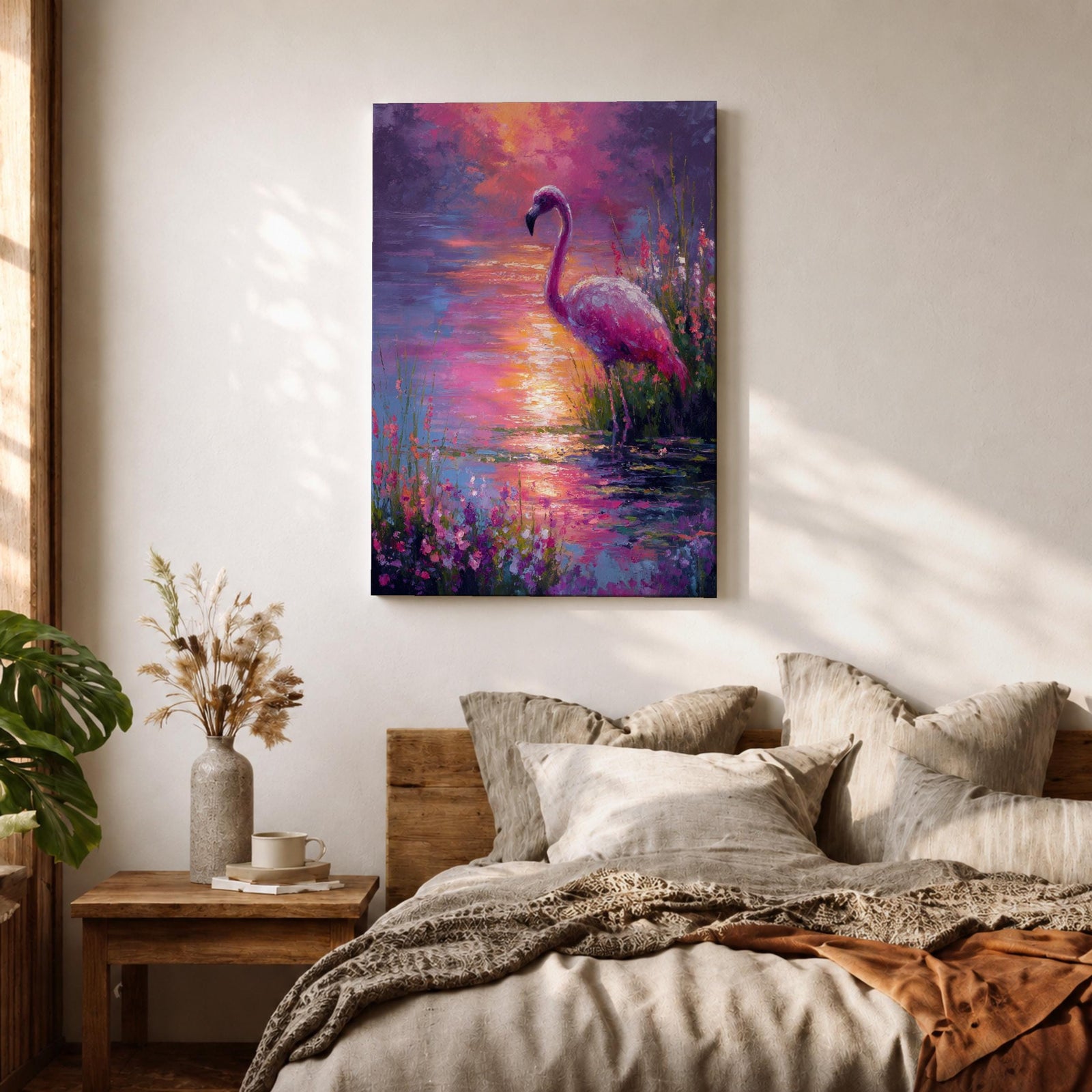 This impasto style painting features a flamingo standing gracefully by the water’s edge surrounded by lush tropical flowers. The vibrant brushstrokes create a textured, colorful scene capturing the bird’s elegant posture and the reflective water surface in a vivid animal-themed composition.