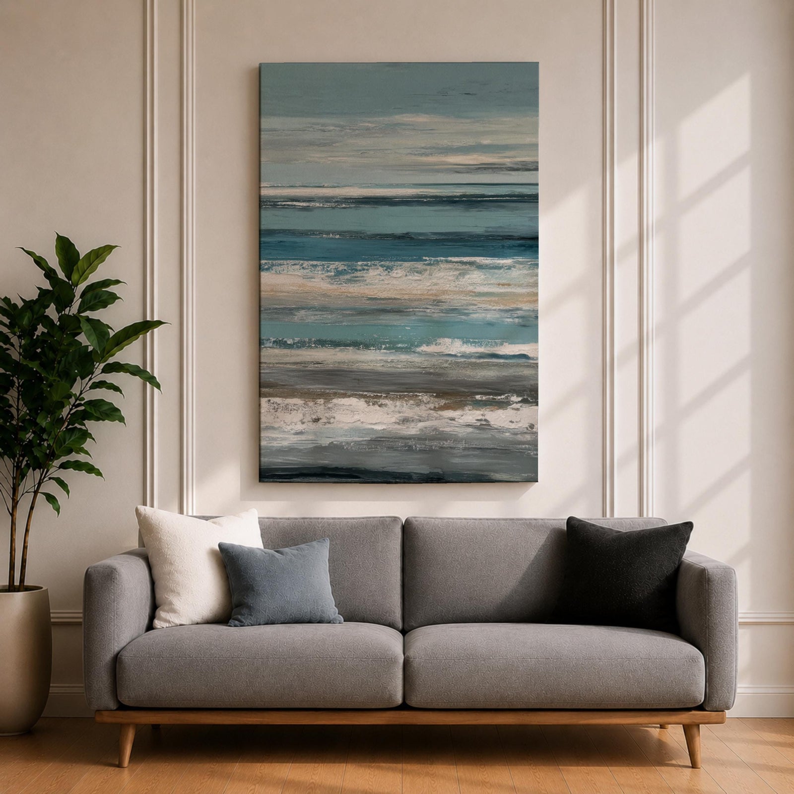 Create a calming retreat with this Ocean Wave Wall Art, featuring soft blue-gray coastal tones and layered abstract seascape textures. This serene canvas print captures the peaceful rhythm of the ocean, making it a beautiful addition to beach homes, bedrooms, living rooms, or coastal-inspired interiors.