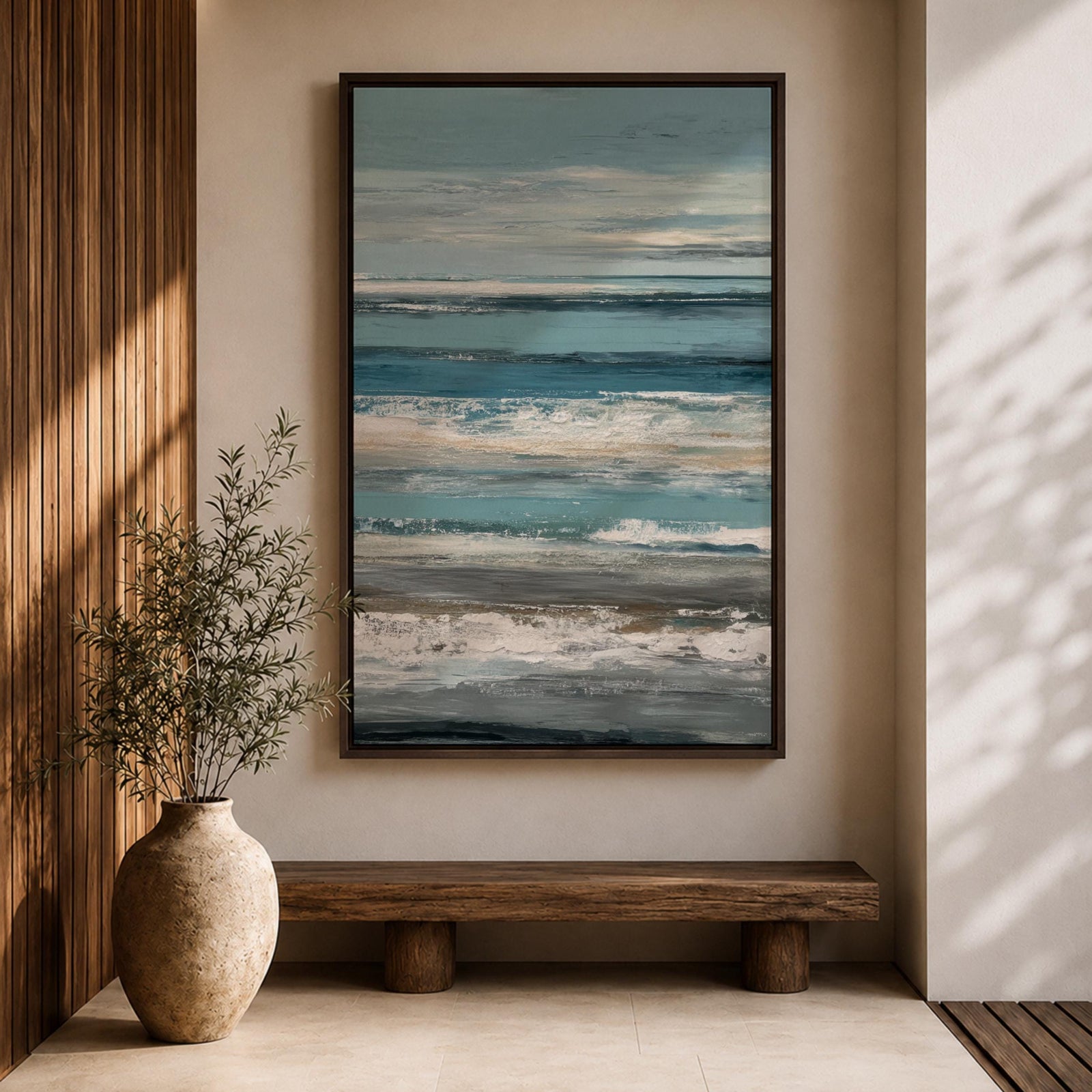 Create a calming retreat with this Ocean Wave Wall Art, featuring soft blue-gray coastal tones and layered abstract seascape textures. This serene canvas print captures the peaceful rhythm of the ocean, making it a beautiful addition to beach homes, bedrooms, living rooms, or coastal-inspired interiors.