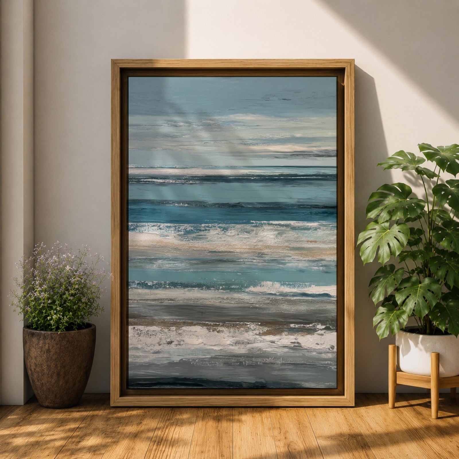 Create a calming retreat with this Ocean Wave Wall Art, featuring soft blue-gray coastal tones and layered abstract seascape textures. This serene canvas print captures the peaceful rhythm of the ocean, making it a beautiful addition to beach homes, bedrooms, living rooms, or coastal-inspired interiors.