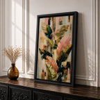 Sophisticated tropical leaves wall art featuring banana plant foliage in soft blush pink, sage green, cream, and gold tones. Modern botanical artwork with layered textures, abstract geometric elements, and elegant organic forms, perfect for contemporary, boho, and neutral home decor.