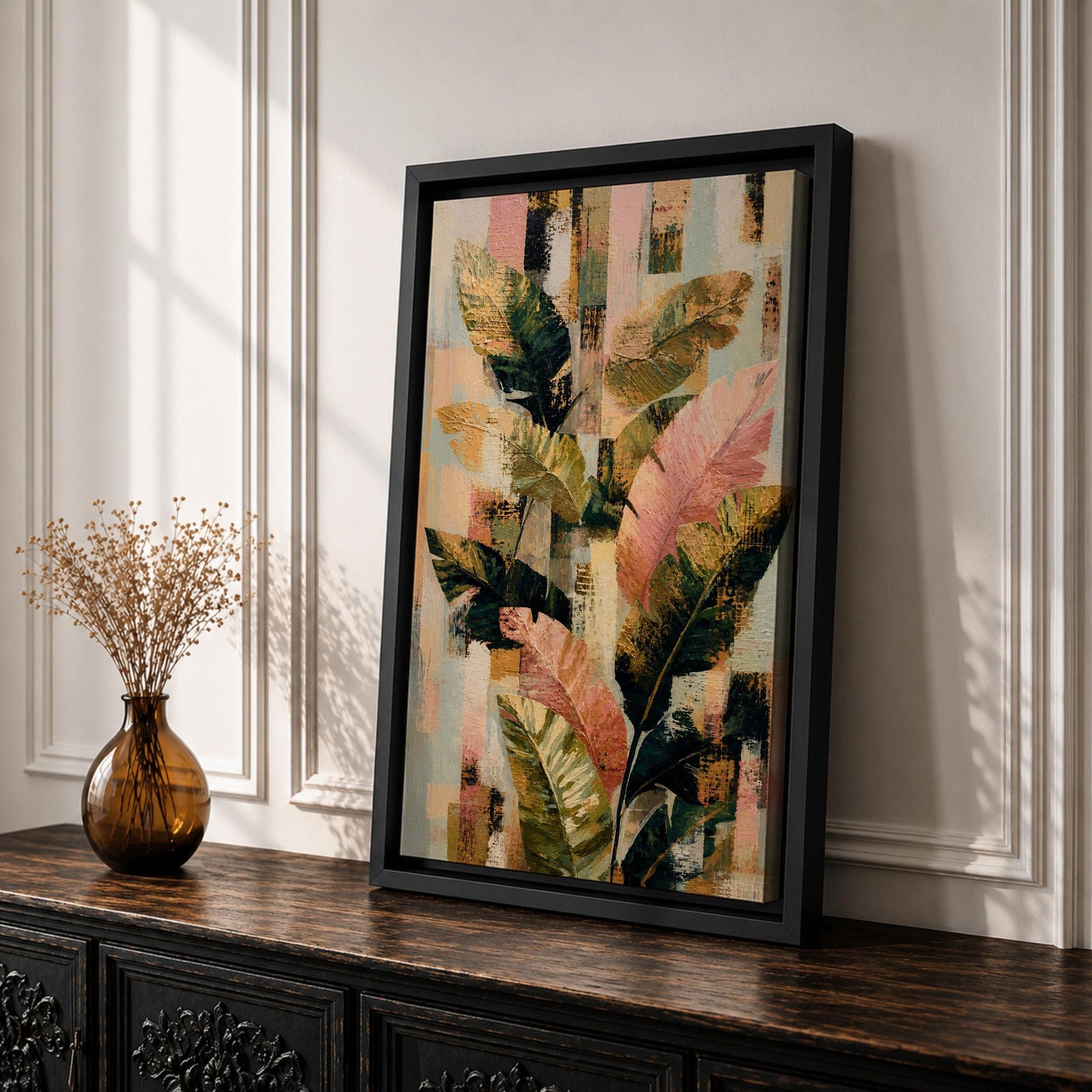 Sophisticated tropical leaves wall art featuring banana plant foliage in soft blush pink, sage green, cream, and gold tones. Modern botanical artwork with layered textures, abstract geometric elements, and elegant organic forms, perfect for contemporary, boho, and neutral home decor.