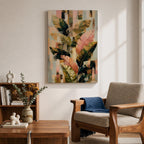 Sophisticated tropical leaves wall art featuring banana plant foliage in soft blush pink, sage green, cream, and gold tones. Modern botanical artwork with layered textures, abstract geometric elements, and elegant organic forms, perfect for contemporary, boho, and neutral home decor.