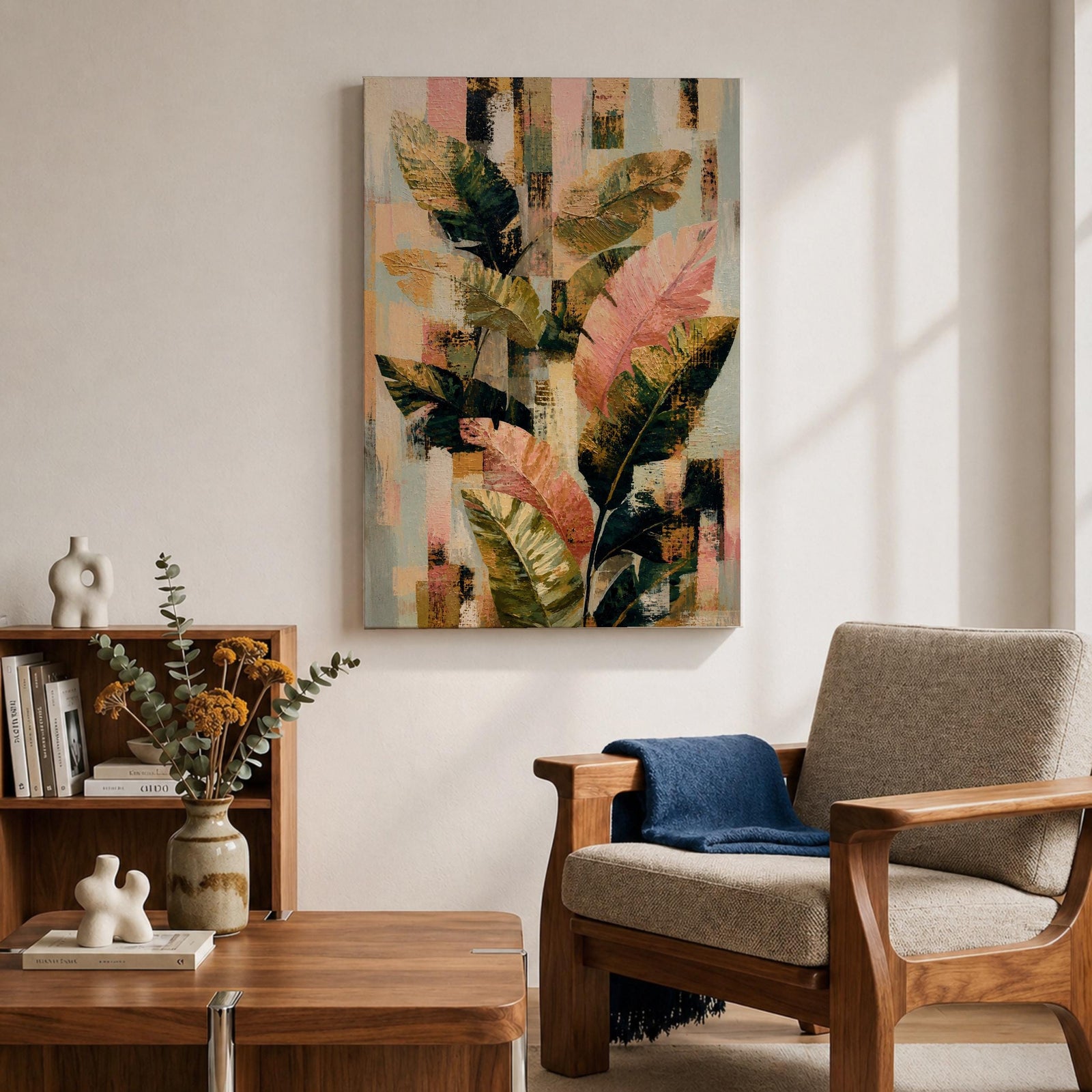Sophisticated tropical leaves wall art featuring banana plant foliage in soft blush pink, sage green, cream, and gold tones. Modern botanical artwork with layered textures, abstract geometric elements, and elegant organic forms, perfect for contemporary, boho, and neutral home decor.