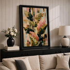 Sophisticated tropical leaves wall art featuring banana plant foliage in soft blush pink, sage green, cream, and gold tones. Modern botanical artwork with layered textures, abstract geometric elements, and elegant organic forms, perfect for contemporary, boho, and neutral home decor.