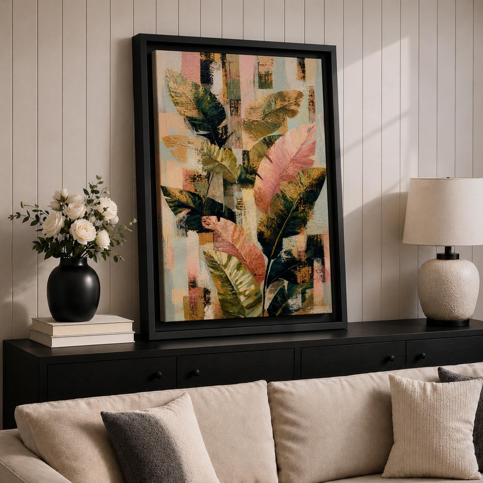 Sophisticated tropical leaves wall art featuring banana plant foliage in soft blush pink, sage green, cream, and gold tones. Modern botanical artwork with layered textures, abstract geometric elements, and elegant organic forms, perfect for contemporary, boho, and neutral home decor.