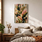 Sophisticated tropical leaves wall art featuring banana plant foliage in soft blush pink, sage green, cream, and gold tones. Modern botanical artwork with layered textures, abstract geometric elements, and elegant organic forms, perfect for contemporary, boho, and neutral home decor.