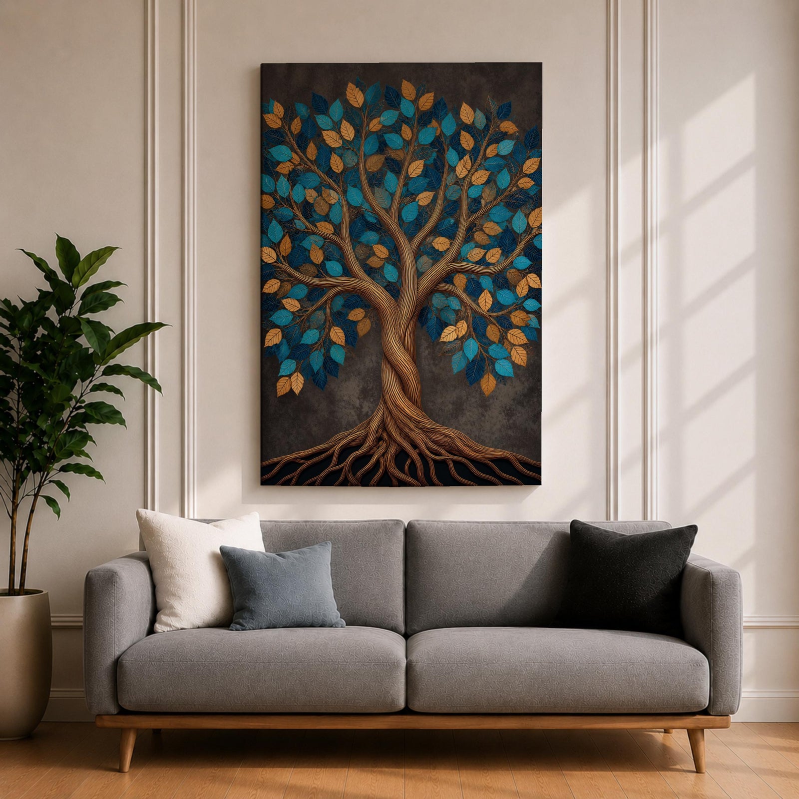Bring harmony and elegance into your home with this Tree of Life Wall Art, featuring striking teal and gold leaves against a richly textured charcoal background. Twisting branches and intricate roots create a contemporary botanical design that symbolizes strength, growth, and connection, making it a beautiful centerpiece for spiritual and modern interiors.