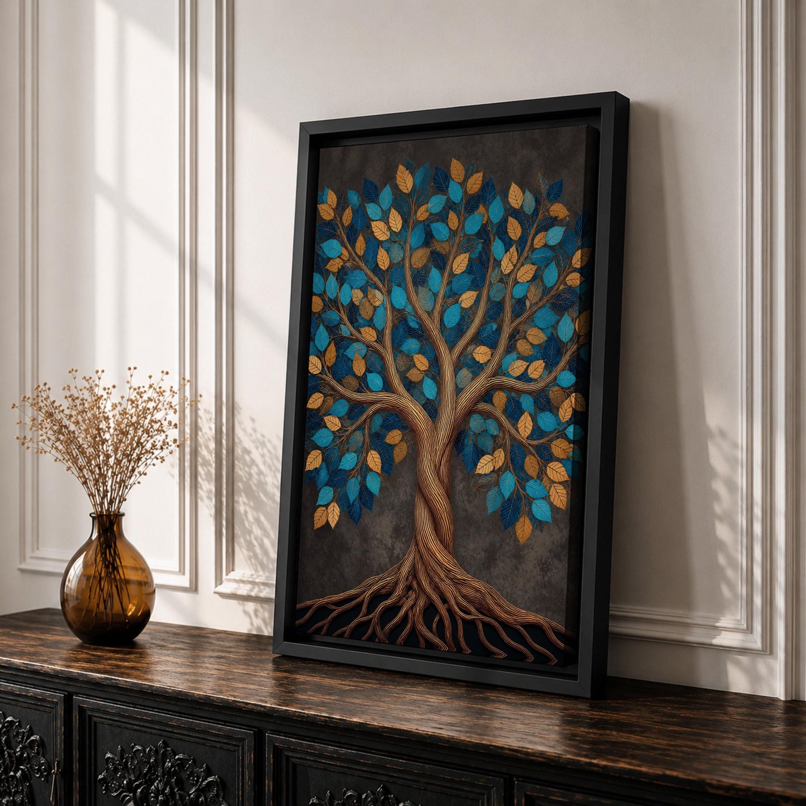 Bring harmony and elegance into your home with this Tree of Life Wall Art, featuring striking teal and gold leaves against a richly textured charcoal background. Twisting branches and intricate roots create a contemporary botanical design that symbolizes strength, growth, and connection, making it a beautiful centerpiece for spiritual and modern interiors.