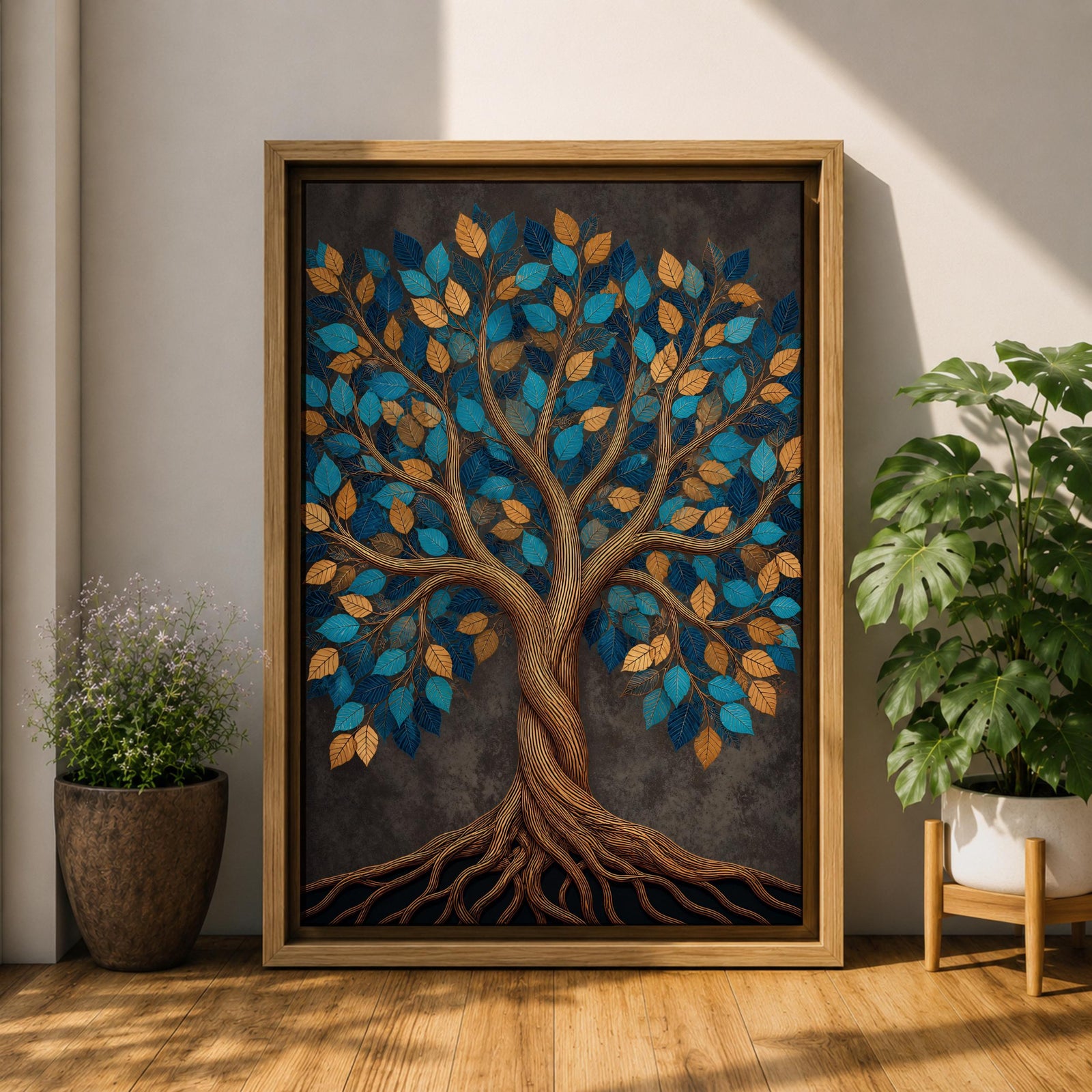 Bring harmony and elegance into your home with this Tree of Life Wall Art, featuring striking teal and gold leaves against a richly textured charcoal background. Twisting branches and intricate roots create a contemporary botanical design that symbolizes strength, growth, and connection, making it a beautiful centerpiece for spiritual and modern interiors.