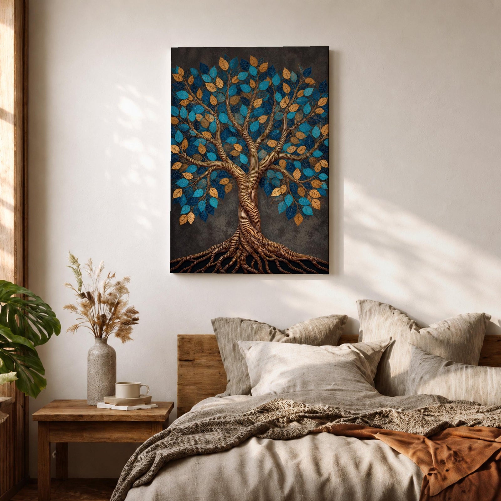 Bring harmony and elegance into your home with this Tree of Life Wall Art, featuring striking teal and gold leaves against a richly textured charcoal background. Twisting branches and intricate roots create a contemporary botanical design that symbolizes strength, growth, and connection, making it a beautiful centerpiece for spiritual and modern interiors.
